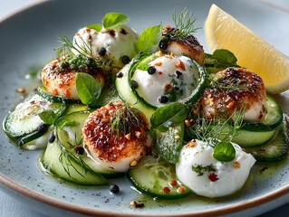 Fresh scallops and mozzarella salad with cucumber, herbs, and lemon, a light and elegant appetizer.