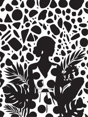 Black and white vector art: woman with polka dots and tropical leaves illustration eps silhouette