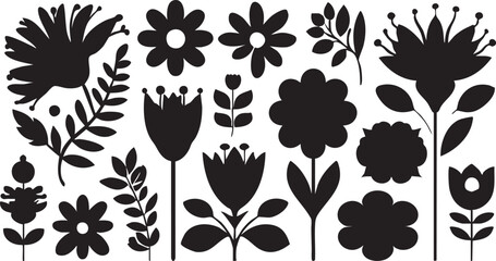 Black and white flower silhouettes vector pack | floral design elements eps