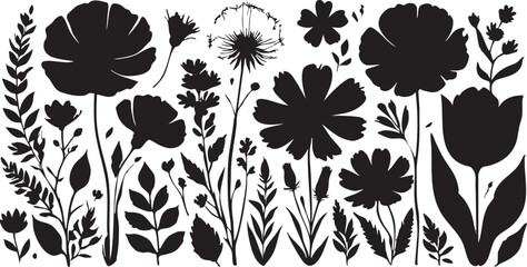 Black and white flower silhouettes vector illustration: floral design elements eps