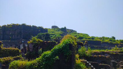 broken building architecture on a janjira fort in murud in maharashtra in india.