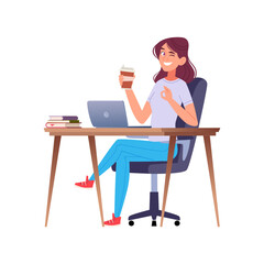 Fototapeta premium Smiling Young Woman at Desk with Laptop and Coffee Making OK Gesture