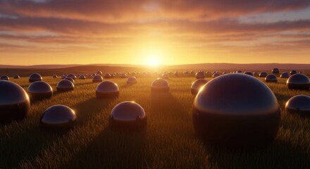 Metallic spheres dot a grassy field bathed in the golden light of a setting sun