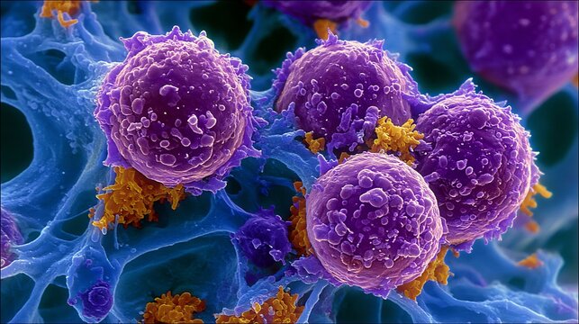 High resolution image of lymphoma cells under microscope showing abnormal lymphocyte morphology chromatin clumping educational hematology visual