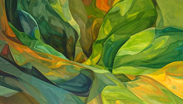 Abstract, watercolor-like image, in shades of green, yellow, brown, creating an impression of nature and depth
