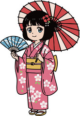 MinimalFlatDesign AnimeGirl inKimono withParasol andFan -ミニマルフラットデザイン 傘と扇子を持った着物のアニメ少女