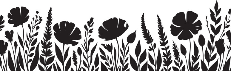 Black floral vector border: flower silhouette illustration for crafts and design eps
