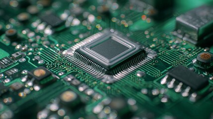 Extreme close up of a complex green circuit board with a central processor and intricate pathways, symbolizing technology and innovation.