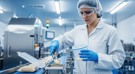 Female technician inspecting food packaging in modern industrial facility