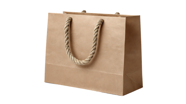 A brown paper shopping bag with rope handles, isolated on a transparent background
