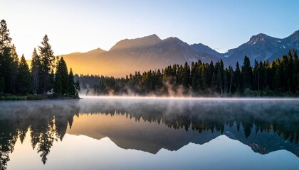 Fototapeta premium Calm Lake with Mist and Mountain Silhouettes Reflecting Sunrise Colors in a Serene Landscape