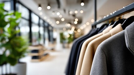 Fototapeta premium Clothing rack displaying a variety of stylish garments in a modern retail store, with blurred background showcasing bright lights and contemporary interior design elements