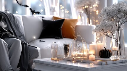 Cozy living room scene featuring elegant decor with candles, pumpkins, and flowers, creating a warm atmosphere for autumn gatherings and festive celebrations