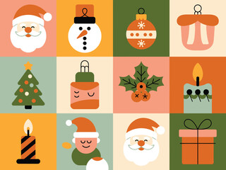 Fototapeta premium Festive Christmas icons in a cheerful, retro-inspired grid pattern