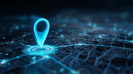 Vibrant neon blue location pin glowing on abstract futuristic digital city map with glowing data lines