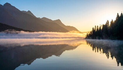 Fototapeta premium Calm Lake with Mist and Mountain Silhouettes Reflecting Sunrise Colors in a Serene Landscape