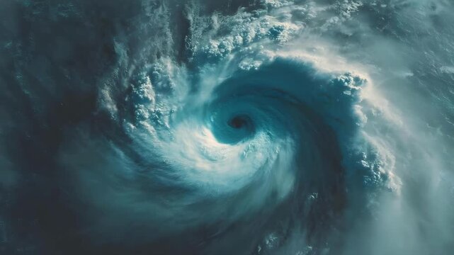 Satellite view of a powerful tropical cyclone with a clear eye spinning over the ocean.