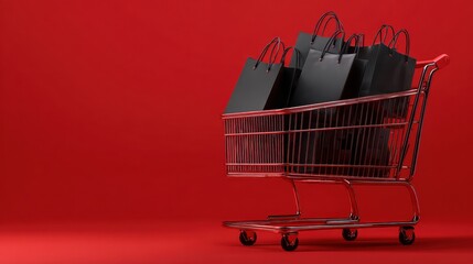 Shopping cart with black gift bags against red background conveys sale and shopping mood