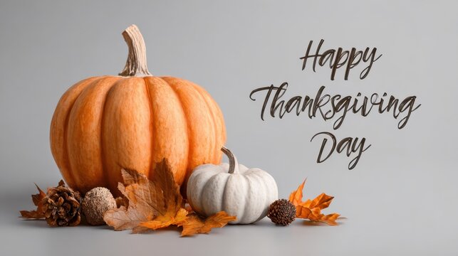 Happy Thanksgiving Day centerpiece with pumpkins, leaves, and pinecones for autumn decor