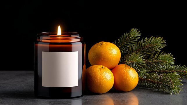 Cozy candlelight scene with glowing aromatic candle in glass jar, winter orange fruit on dark table with fir tree branch in the evening - Powered by Adobe