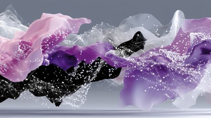 Abstract digital illustration featuring flowing waves of pink, purple, and black colors intertwined with glowing particles, creating a dynamic and vibrant visual experience for modern design concepts