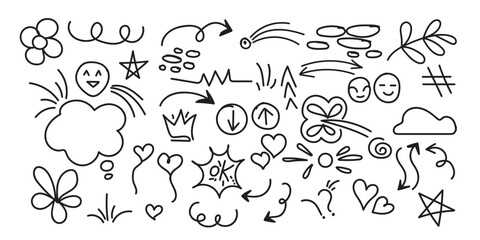 Line cute element set. Hand-drawn sketch doodle style arrow, cloud, star with marker stroke pencil highlight. Doodle sketch heart, star, cloud cartoon sticker shapes