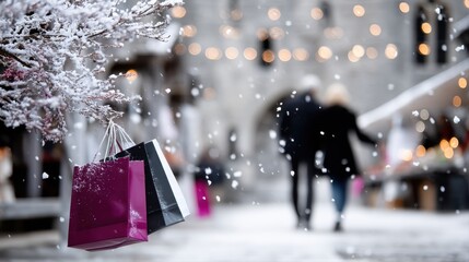 Colorful shopping bags hang from a snowy tree branch in a festive outdoor market, with blurred figures of shoppers enjoying the winter atmosphere and holiday decorations