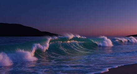 Fototapeta premium Ocean waves crest at twilight, backlit by the setting sun near a sandy beach