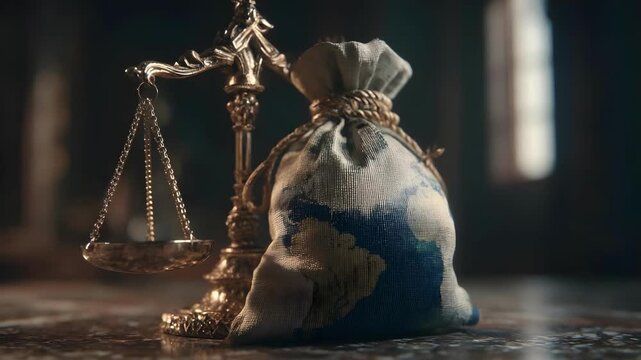 A vintage balance scale next to a drawstring money bag stitched with a world map.