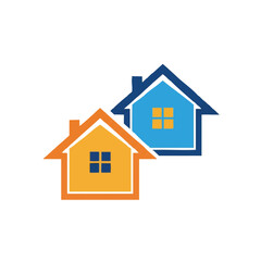 Two distinct, stylized house icons, one orange and one blue, subtly overlap, creating a modern graphic symbolizing real estate, housing, and community.
