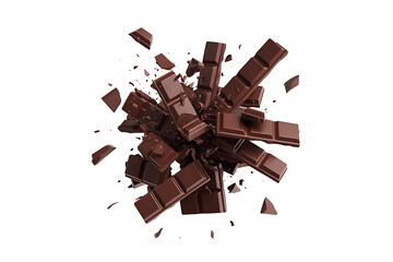 Chocolate bar pieces falling motion isolated on transparent background