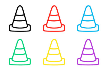 カラフルなカラーコーンアイコンセット（黒・赤・青・緑・黄・紫）