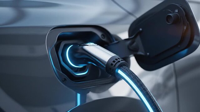 Male hand connecting a glowing blue charging plug to an electric vehicle port