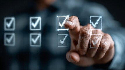 Selecting items from a digital checklist on a glowing screen