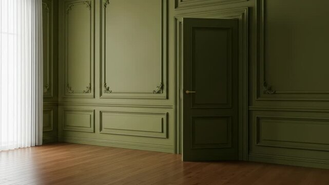 An opulent, empty room with green paneling, a door ajar, and sheer white curtains