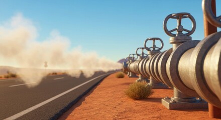 Perspective shot of pipes beside road spewing a cloud of emissions in desert landscape