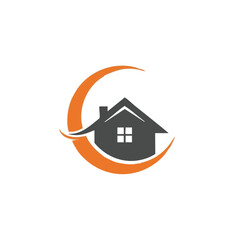 A modern real estate logo featuring a house silhouette enveloped by an orange crescent, symbolizing growth and security on a white background.