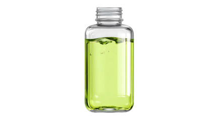 Clear glass bottle filled with green liquid isolated on transparent background
