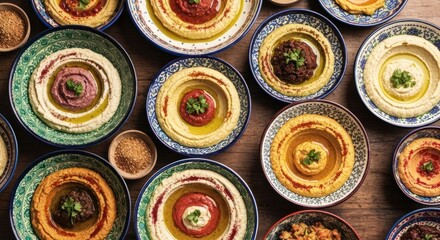 Overhead view of colorful hummus bowls, varying textures and toppings, on patterned plates