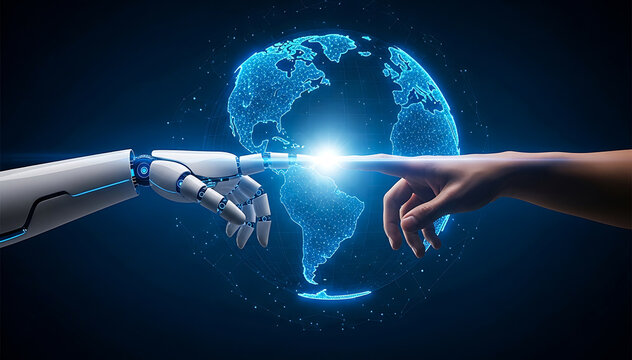 Robot Arm Touching World with Human Hand Concept of Future Technology Artificial Intelligence Interaction Digitization