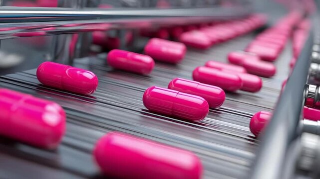Pink capsules on a conveyor belt in a pharmaceutical production line.