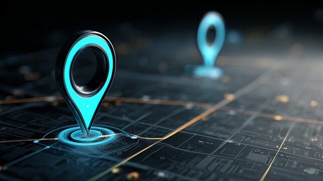 Futuristic glowing map pin highlights destination on digital city grid with glowing data streams, representing navigation and technology.