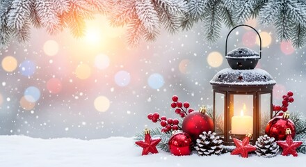 Christmas lantern with ornaments in snowy winter scene outdoors