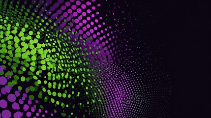 Vibrant neon green and purple dots flow dynamically creating an abstract futuristic wave pattern on black background