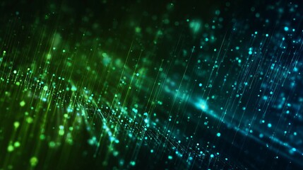 Fototapeta premium Dynamic digital network streams of glowing blue and green particles create a vibrant futuristic data flow background