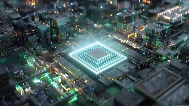 Glowing central processor on a dense circuit board, a futuristic microchip scene.