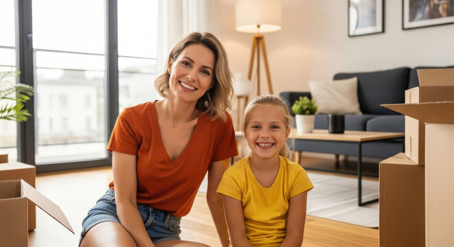 Happy mother and daughter smiling on the floor surrounded by moving boxes in their new home