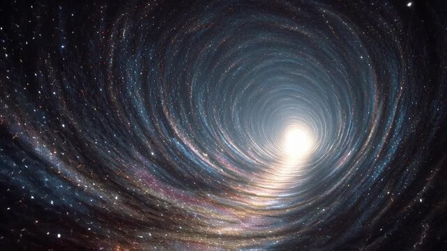 Abstract cosmic vortex with bright light and swirling galaxies