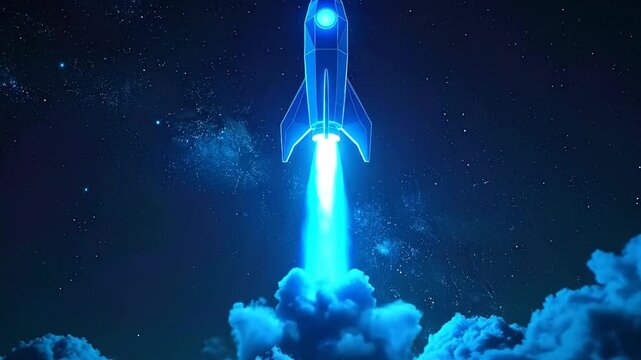 Vibrant blue rocket takes off into the cosmic expanse, a powerful symbol of innovation and future aspirations against a celestial backdrop, illuminating the path to discovery and progress