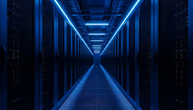 Server Room Data Center with Blue Lights on Server Racks Long Corridor Network Infrastructure Connection